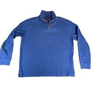 Polo Ralph Lauren 1/4 Zip Pullover Men's L Estate Rib Knit Leather Zipper Blue